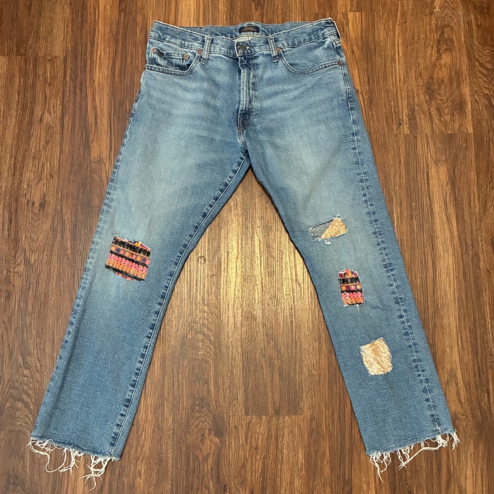 Polo Ralph Lauren Varick Slim Straight Patchwork Distressed Jeans 34x30 Denim